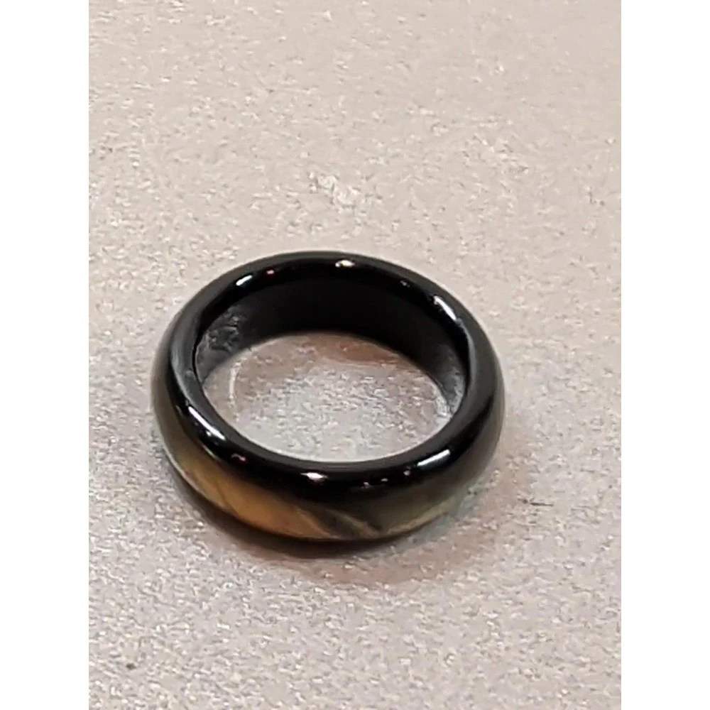 Art Glass Swirl Ring Black Green Amber Orange Chunky Band Size 5.5